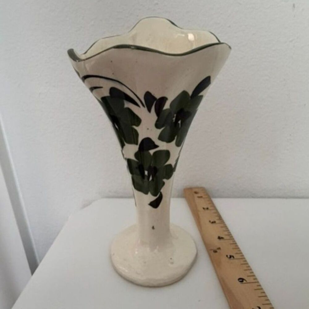 vtg ceramica sao Jorge Portuguese faience pottery vase with green floral pattern
